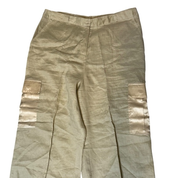 Allison Taylor Womens Tan Linen Silk Cargo Cropped Pants Size 12 Nature Earthy - Picture 2 of 9